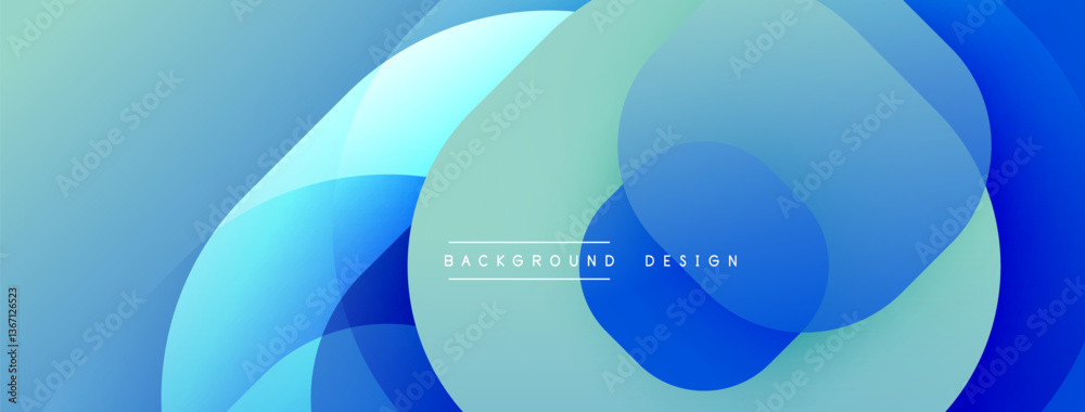 Poster Circular abstract design with overlapping translucent circles and round shapes, blending gradients and smooth curves, creating depth, contrast, and a dynamic visual effect