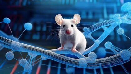 Lab white mouse sits on neural pathway model. Dna sequencing