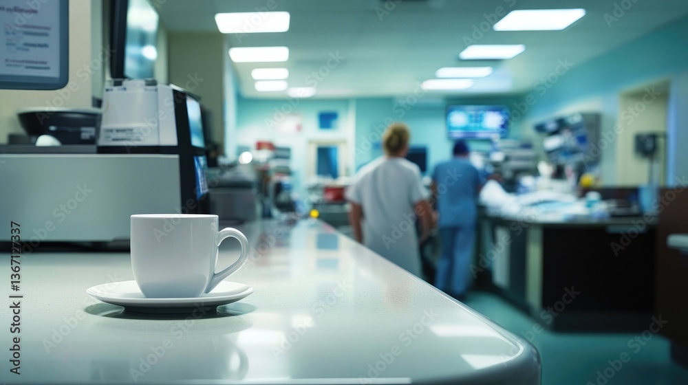 Poster a bustling er environment with doctors and nurses at work, and a lone cup of coffee resting on the c