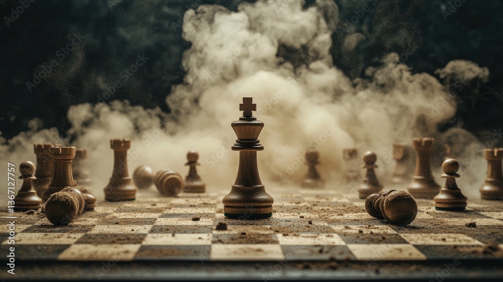 Poster a chaotic chessboard with fallen pieces surrounded by dust and debris, highlighting a lone pawn stan