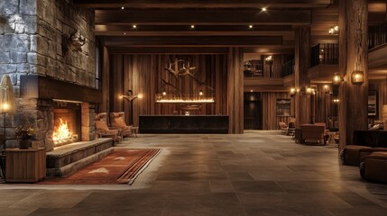 Rustic lodge lobby, warm and inviting