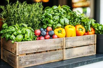 A vibrant display of fresh herbs and vegetables in a wooden crate, showcasing a variety of colors and textures.