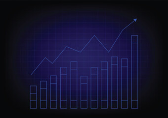 Stock and investment concept. Upper arrow with bar graph on a table background. Bullish market, profit of wealth, high risk high return, business growth up.
