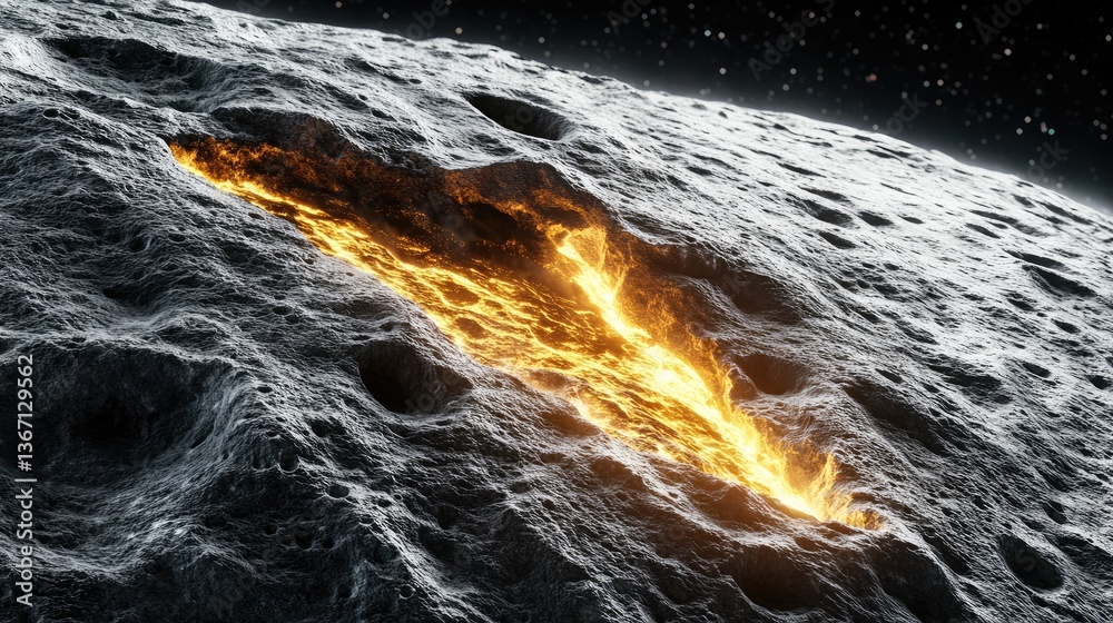 Poster A close-up of an asteroid rough, jagged surface, marked by deep fissures and glowing lava flowing through them, showcasing the dynamic geological activity of space