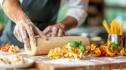 Pasta powder rolling process. Chef preparing fresh pasta with colorful ingredients on a wooden table.