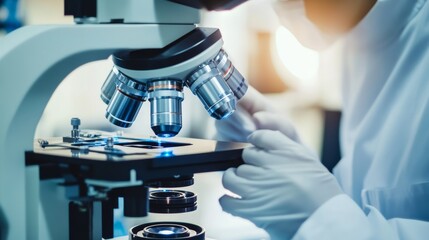 A researcher using an electron microscope for material analysis, high-tech lab background with microscopes and sample materials, Nano-tech style