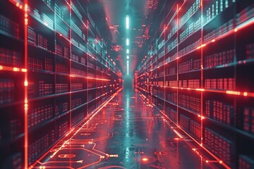 A futuristic data center hallway with glowing red lights and shelves