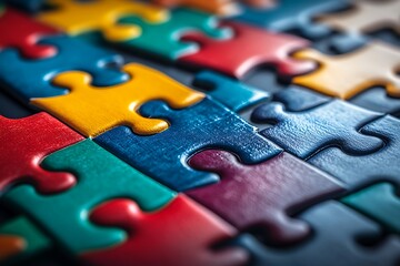 Colorful puzzle pieces coming together to form a cohesive marketing plan on a sleek, minimalistic surface