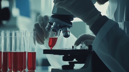 A scientist analyzing blood samples in a lab, clean laboratory background with microscopes and test tubes, Health-tech style