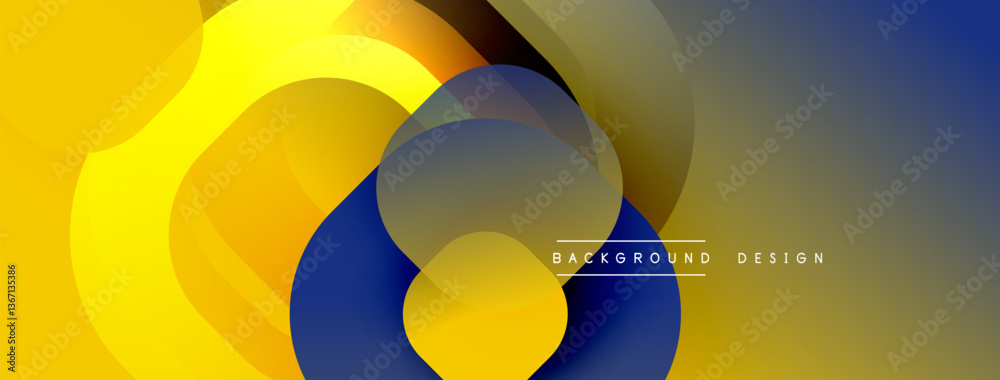 Poster Circular abstract design with overlapping translucent circles and round shapes, blending gradients and smooth curves, creating depth, contrast, and a dynamic visual effect