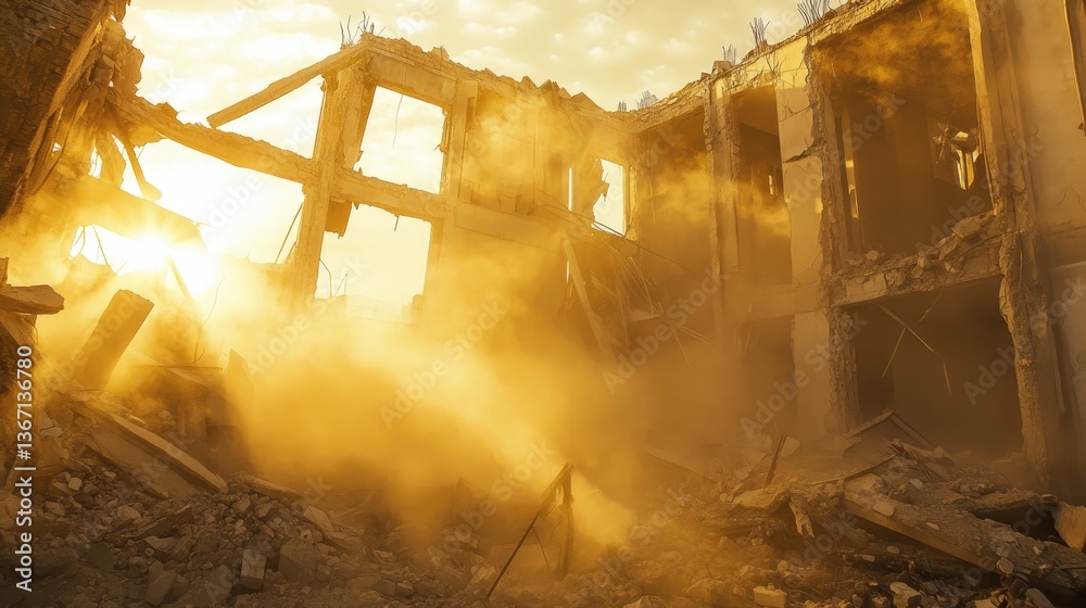Poster a partially destroyed building with crumbling walls and rising dust, illuminated by golden sunlight,