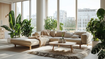 Obraz premium Modern living room with large windows, green plants, and cozy beige sectional sofa
