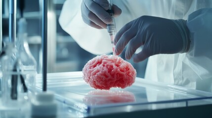 A scientist developing AI generated synthetic organs in a futuristic bioengineering lab, 3D bioprinting technology, sterile research environment