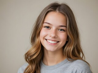 Naklejka premium Portrait of a Smiling Young Girl with Long Wavy Hair Wearing a Gray Sweater Against a Neutral Background