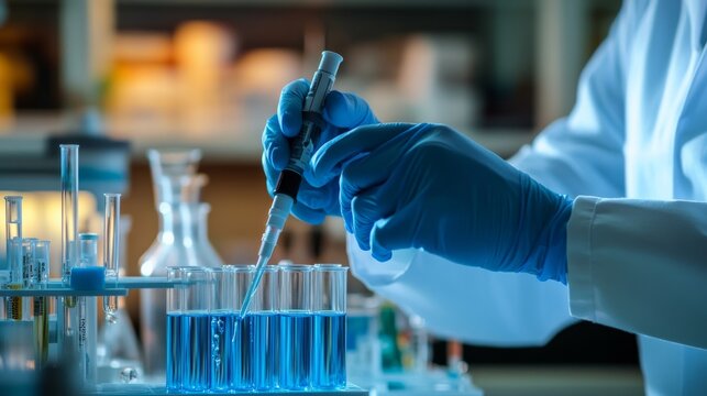 A scientist testing water samples in a laboratory, clean lab background with test tubes and scientific instruments, Environmental-tech style