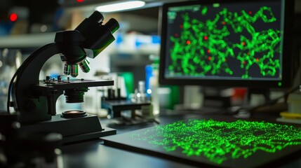 Fototapeta premium A scientist using a laser microscope to study cells, laboratory background with microscopes and scientific instruments, Bio-tech style