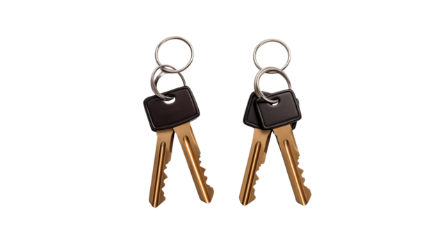 Two sets of keys with black handles on metal rings isolated