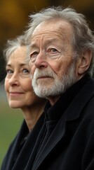 An elderly man and woman looking forward together together