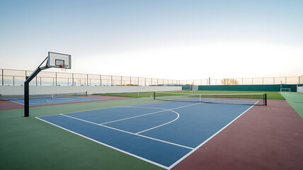 Obraz premium Empty outdoor sports courts with basketball hoop and tennis courts