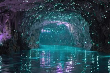A Glowworm Cave Illuminated Over Serene Turquoise Colored Water