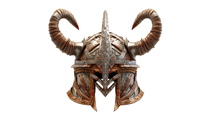 Close up of a detailed horned silver and gold viking helmet