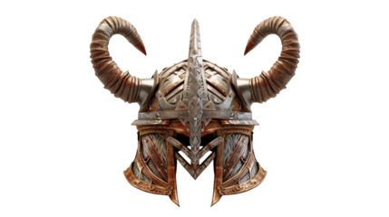 Close up of a detailed horned silver and gold viking helmet