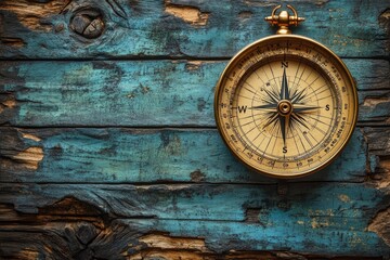 A golden compass rests on a weathered painted wooden surface