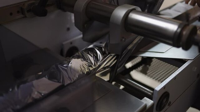 Stacks of tea bags are fed into foil packaging machinery in facility