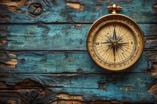 A golden compass rests on a weathered painted wooden surface