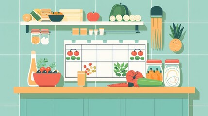 Modern Kitchen Counter with Fresh Vegetables and Ingredients
