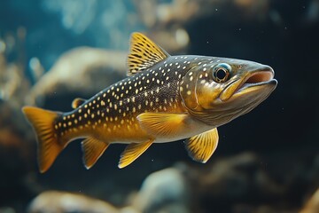 Fototapeta premium A Golden Trout Swims in Dark Water
