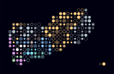 Yemen, shape of the country built of colored cells. Digital style map of Yemen on dark background. Large size circle blocks. Vibrant vector illustration.