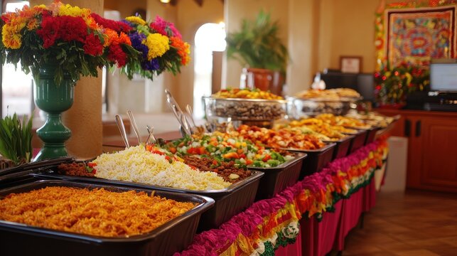 A vibrant Mexican buffet spread with colorful enchiladas, rice, beans, and salsa, surrounded by festive decorations creating a lively, celebratory atmosphere