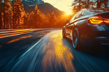 Fototapeta premium A sleek, dark sedan speeds along a winding mountain road, ideal for automotive ads, travel brochures, or adventure-themed promotional materials. Captures the essence of freedom and exploration.