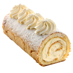 Delicious cream roll dessert with powdered sugar topping. white background