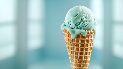 Refreshing mint ice cream in a waffle cone against a soft background