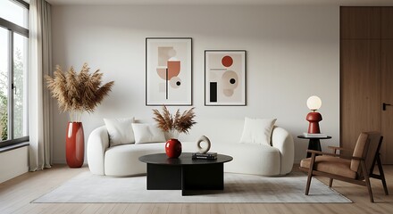 Japandi, minimalist interior design of modern living room.
