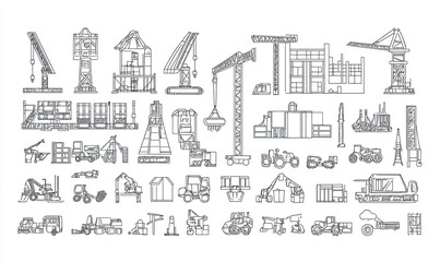 Obraz premium Collection of construction and industrial machinery line drawings. Various types of cranes, loaders, trucks, excavators, and other equipment are depicted