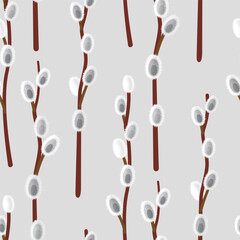 seamless pattern of spring willow twigs on a light gray background. floral spring background, symbol of Palm Sunday. stock vector illustration. EPS 10.