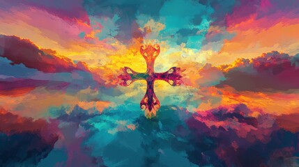 Fototapeta premium Christian easter. Conceptual religious symbol on a colorful sky at sunset. Generative AI