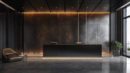 Modern dark lobby reception desk, city view