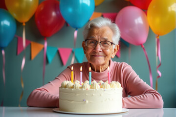 A playful birthday party scene featuring happy senior with balloons, ribbons, and a large cake decorated with candles and sprinkles