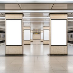 Fototapeta premium A modern subway station interior featuring empty advertising panels and a clean, spacious layout.