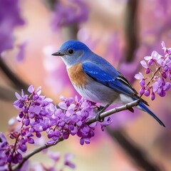 Obraz premium Vibrant blue and orange bird perched on blossoming branch in serene natural setting