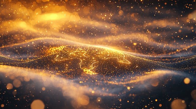 Golden glowing world map with shimmering particles on dark background