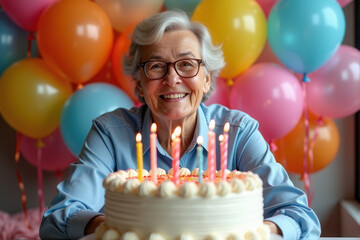 A playful birthday party scene featuring happy senior with balloons, ribbons, and a large cake decorated with candles and sprinkles
