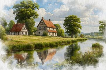 Obraz premium Summer village landscape, house, field and trees. Watercolor illustration generated by AI.