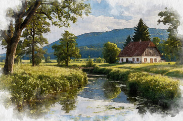 Naklejka premium Summer village landscape, house, field and trees. Watercolor illustration generated by AI.