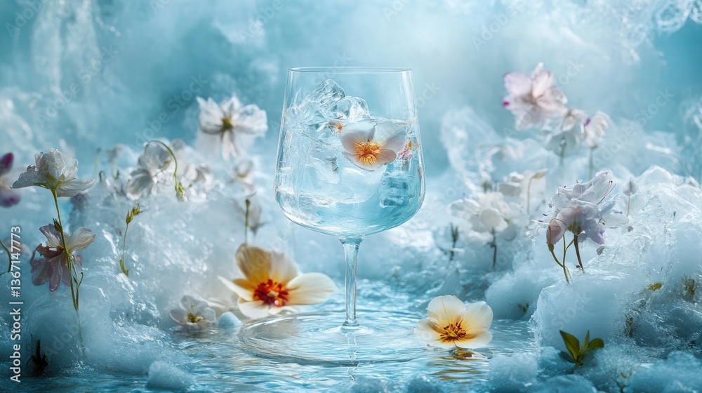 Poster an ultra-realistic surreal still life of a clear elixir in a floating glass, surrounded by frozen ed