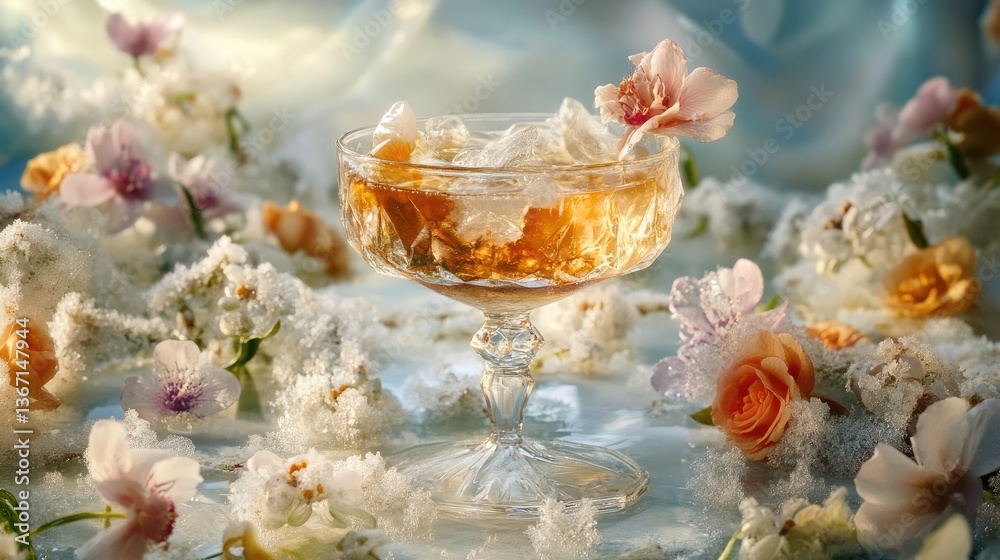 Poster an ultra-realistic surreal still life of a clear elixir in a floating glass, surrounded by frozen ed